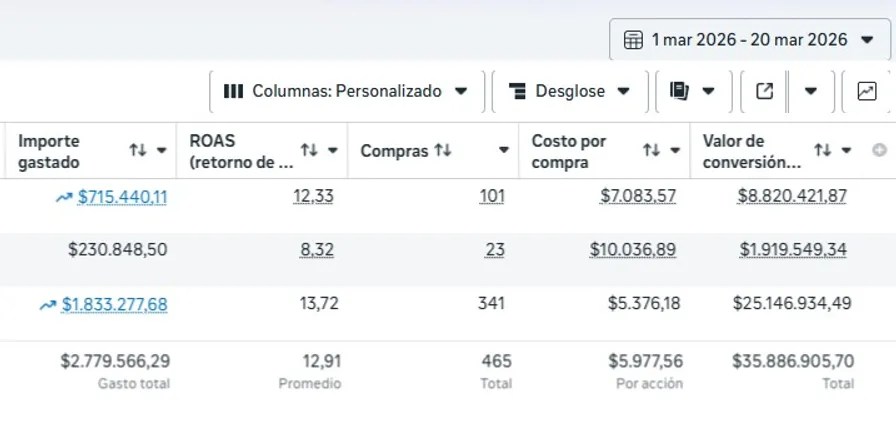 Captura del panel de ventas: ROAS 12,91 en Indumentaria Masculina